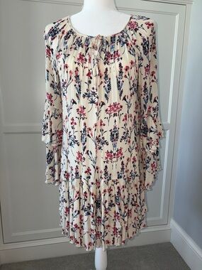 En Creme Cream Floral Tiered Long-Sleeve Dress with Pink & Blue Blooms